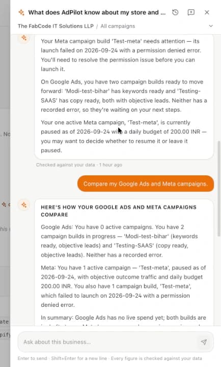 The AdPilot Assistant drawer answering a question about a business's Google and Meta campaigns from saved data.