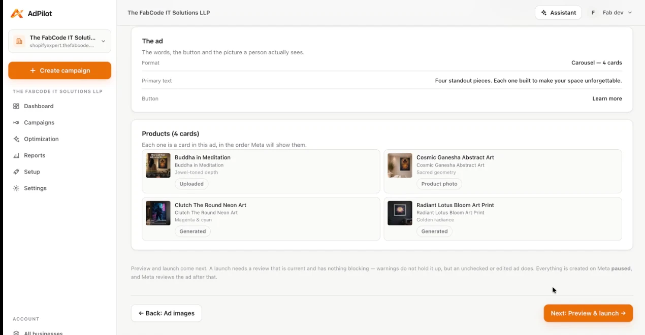A Meta carousel ad in AdPilot: four Shopify products, each a card with its own headline, description and picture source.
