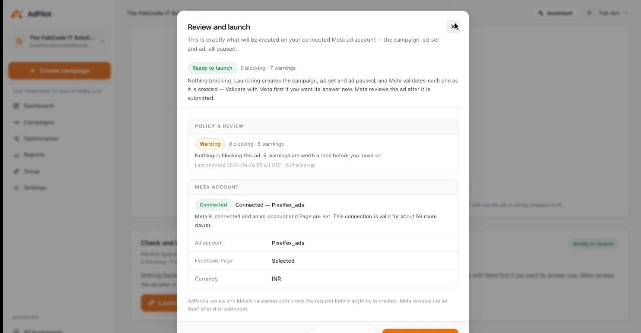 The Review and launch dialog: ready to launch, 0 blocking and 7 warnings, the policy review result and the connected Meta account.