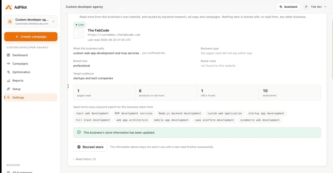 Store information in AdPilot: what the business sells, brand tone, target audience and seed terms read from its website.